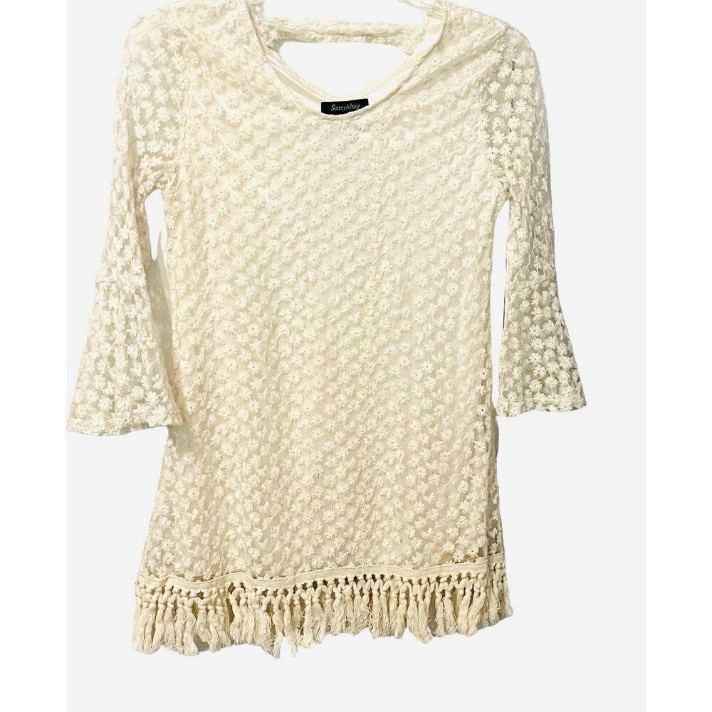 SASSYBLING EMBROIDERED A-LINE MIDI DRESS, JUNIOR, L, IVORY, TASSELS, BELL SLEEVE